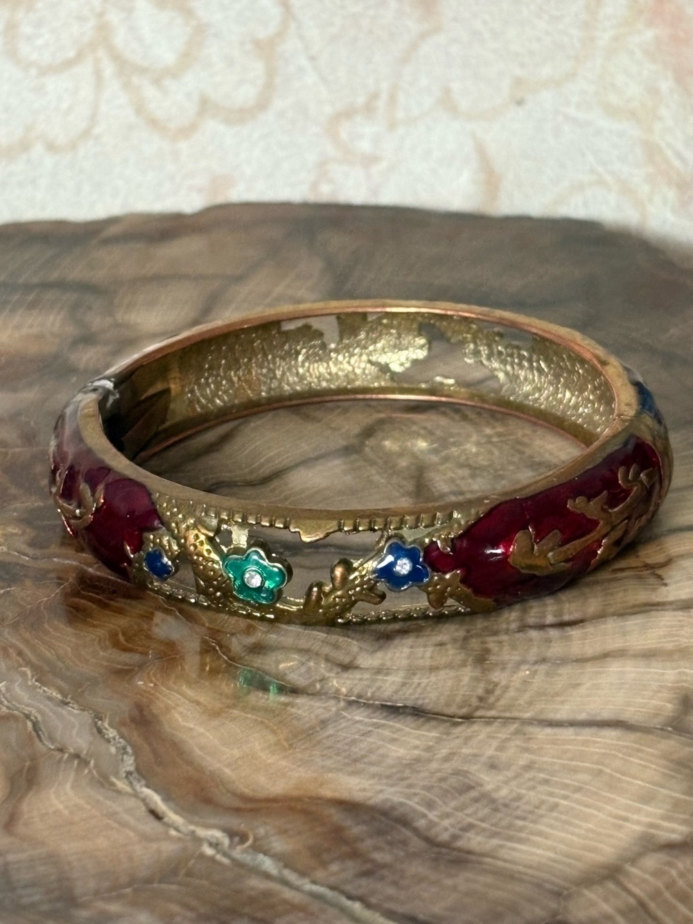 Cloisonné Red Enamel Floral Hinged Bangle Bracelet